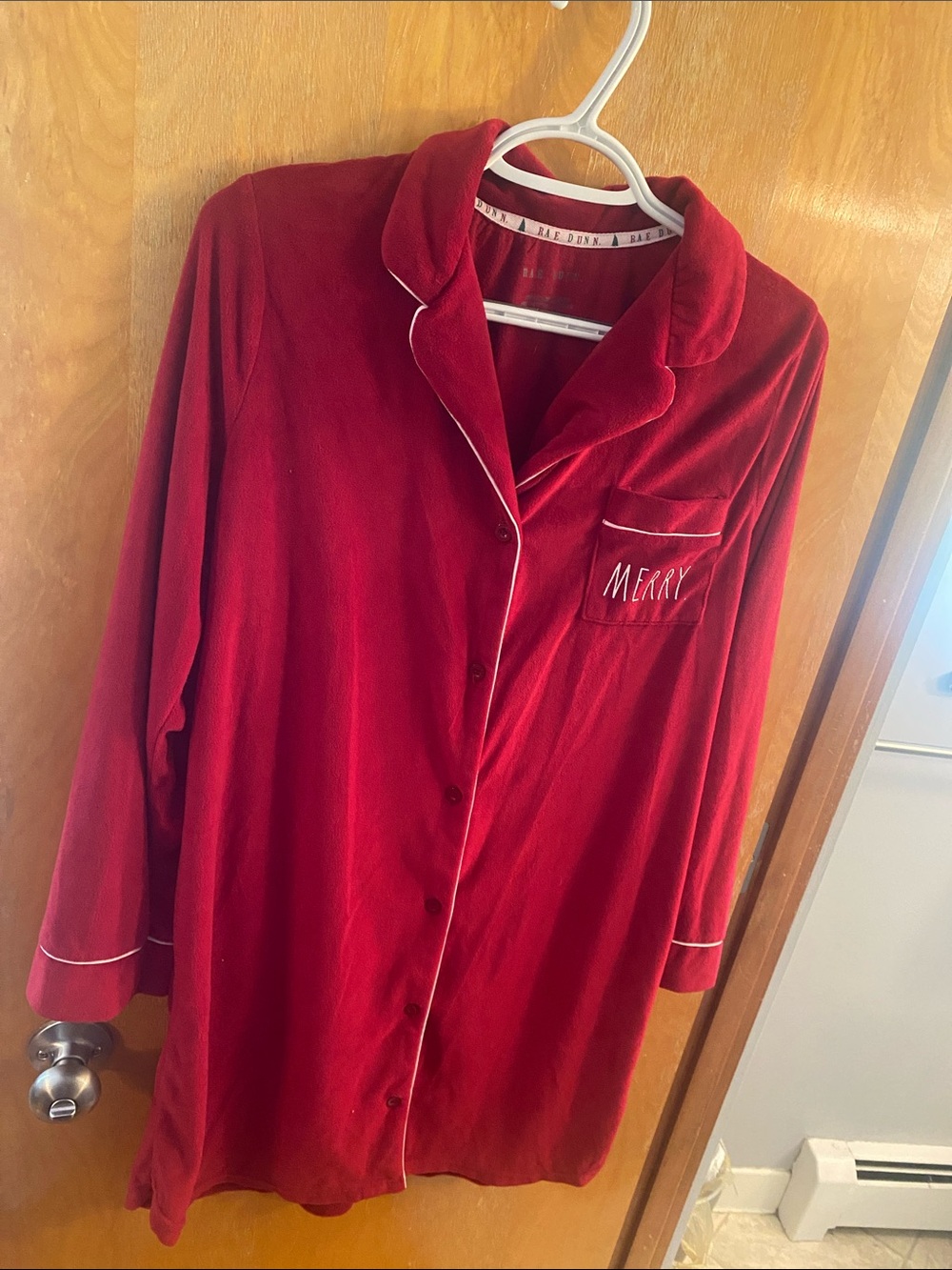 Rae Dunn Red Velvet Pajama Shirt with White Piping